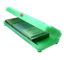 A set of three SHAPTON Pro stones for sharpening 220/1500/8000grit 70x55x15mm and a box holder with glass for alignment